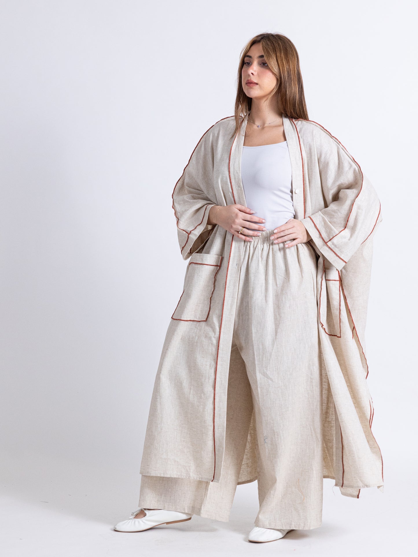 (Sold Out) Two pieces linen set. Long Bishet with buttons and pants set