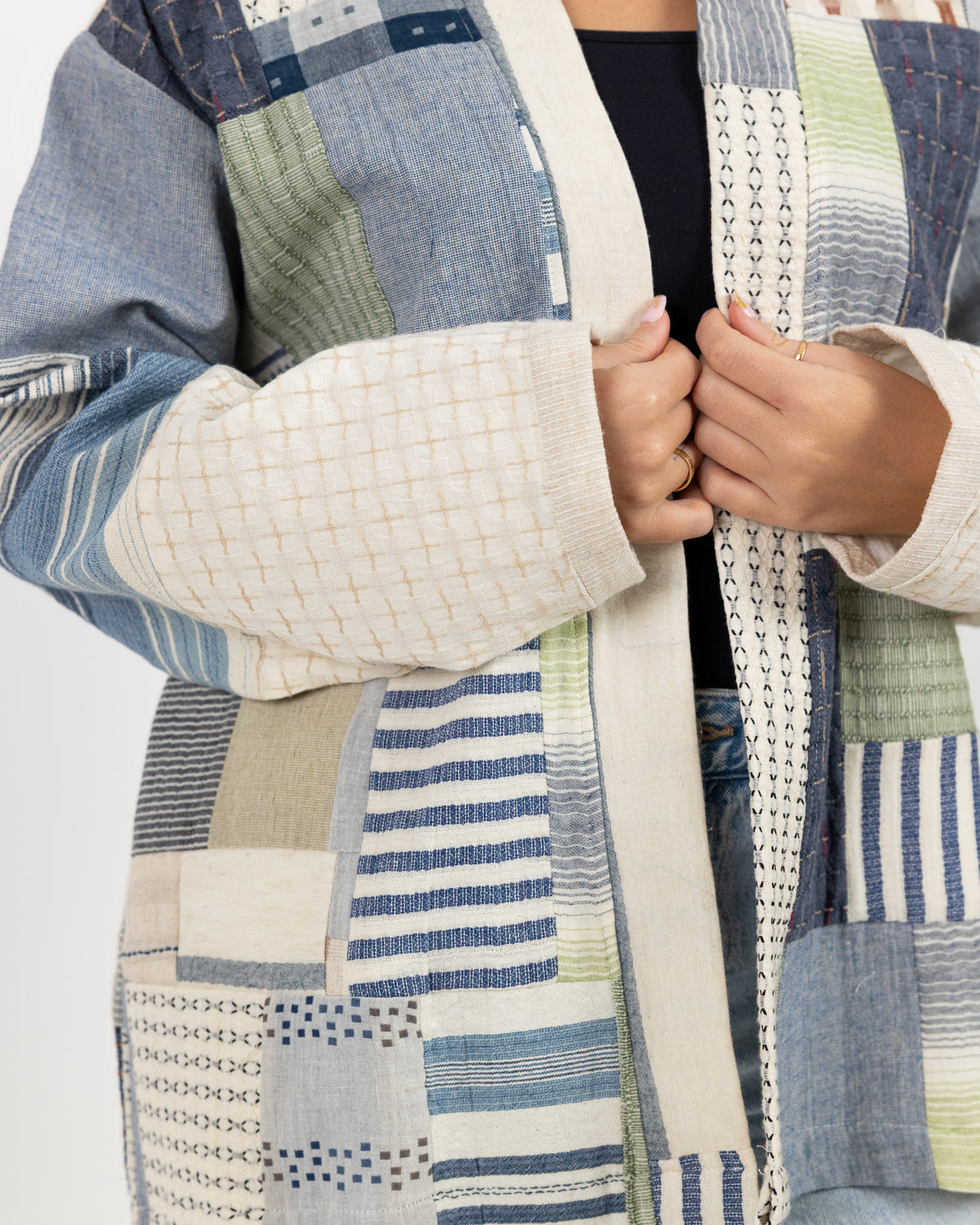 Long Sleeve white jacket with blue patch work