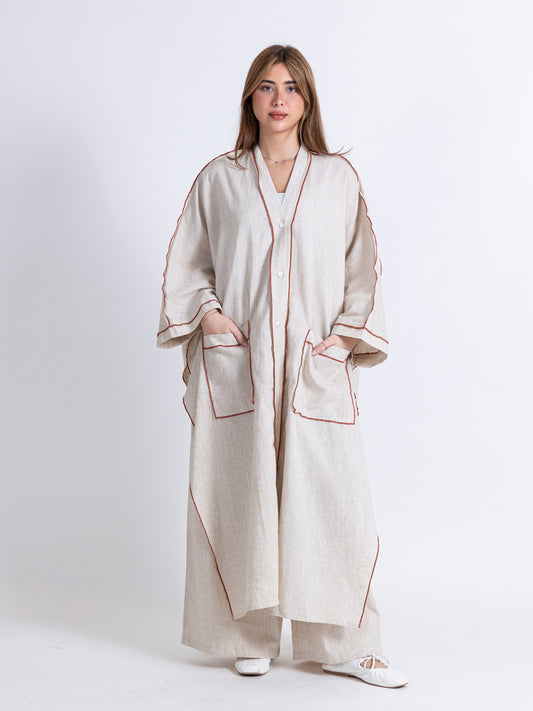 (Sold Out) Two pieces linen set. Long Bishet with buttons and pants set