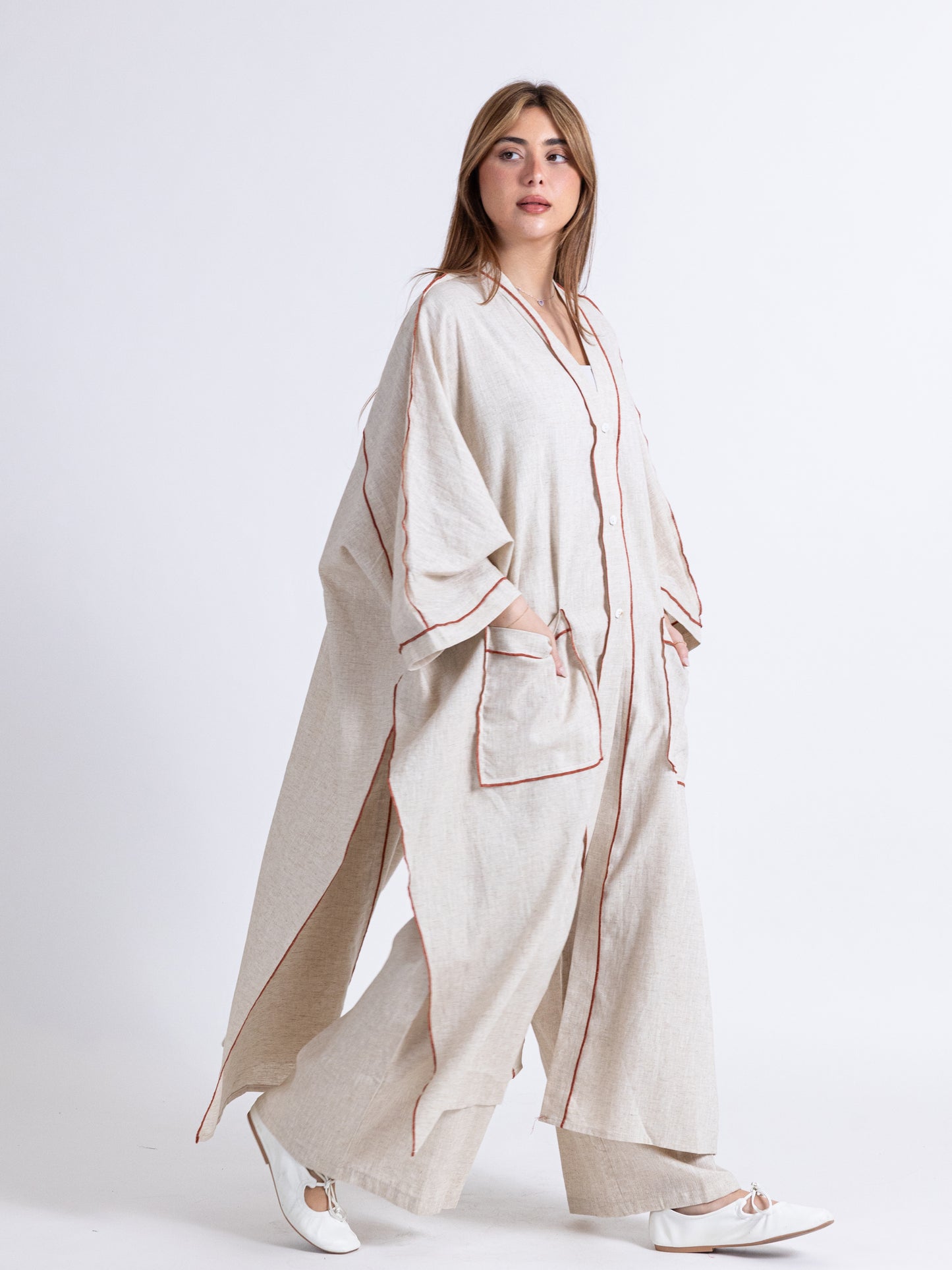 (Sold Out) Two pieces linen set. Long Bishet with buttons and pants set