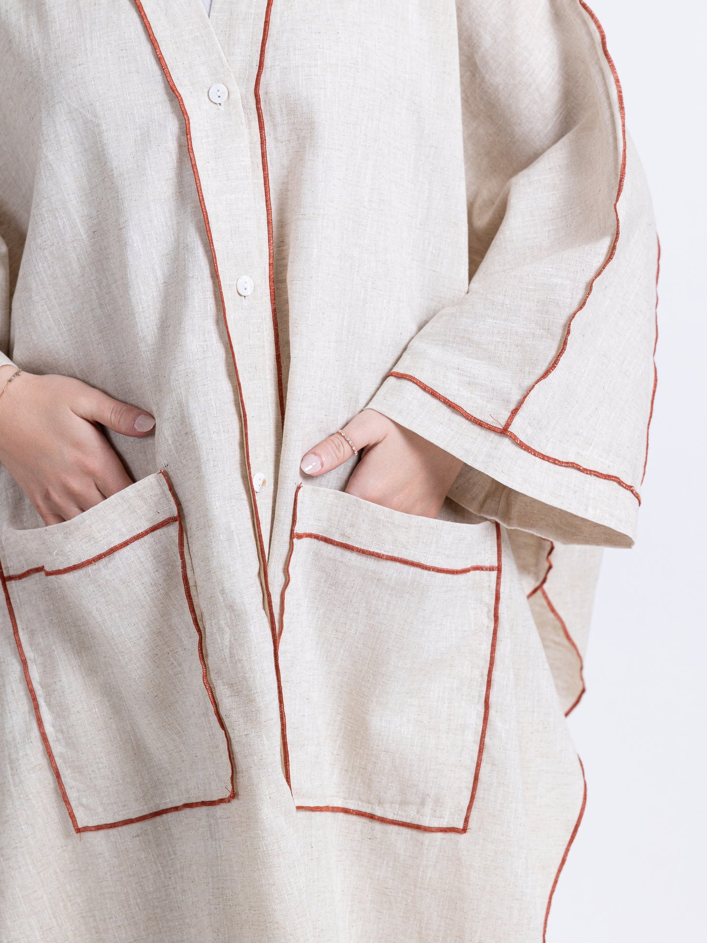 (Sold Out) Two pieces linen set. Long Bishet with buttons and pants set