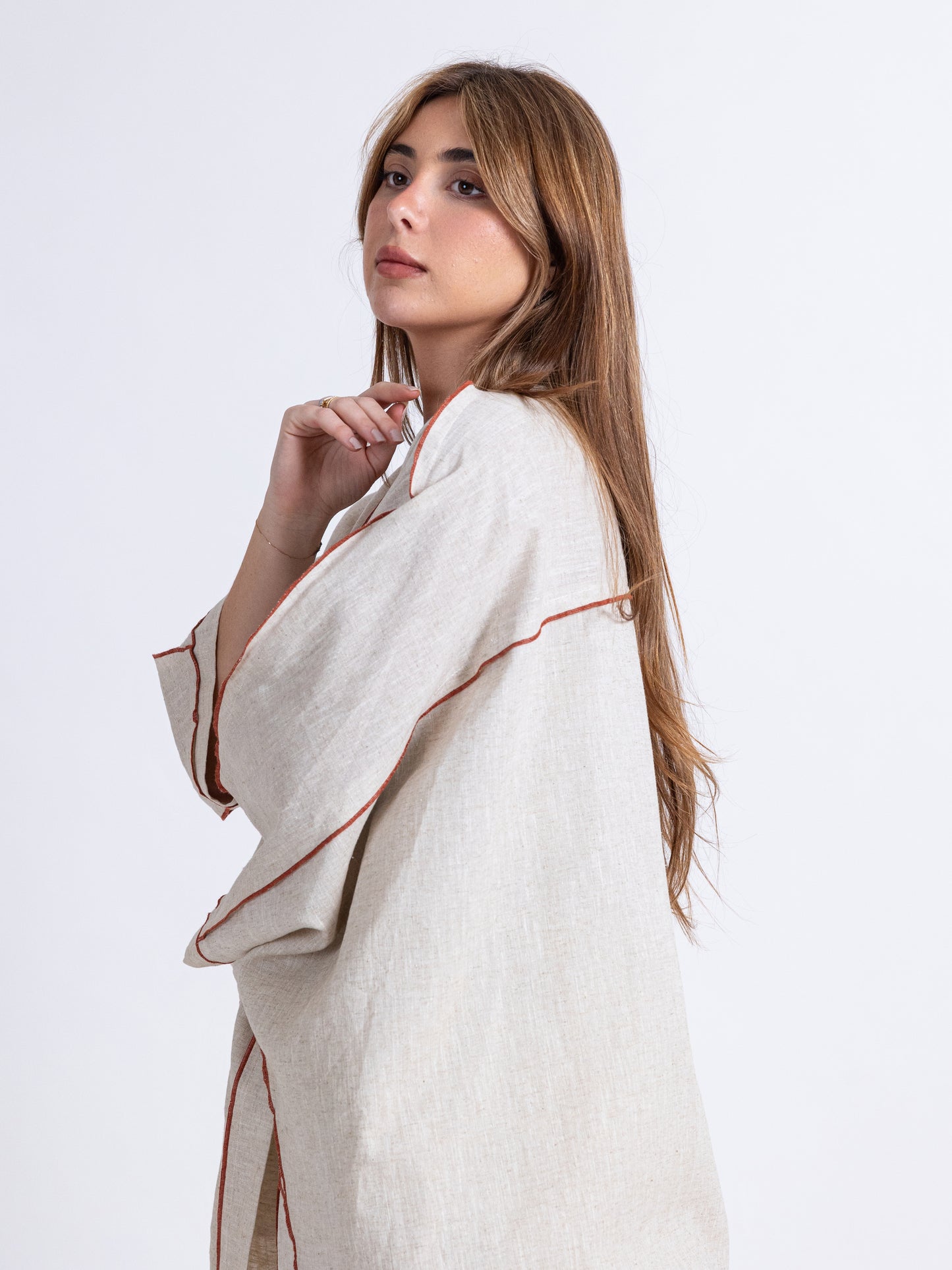 (Sold Out) Two pieces linen set. Long Bishet with buttons and pants set