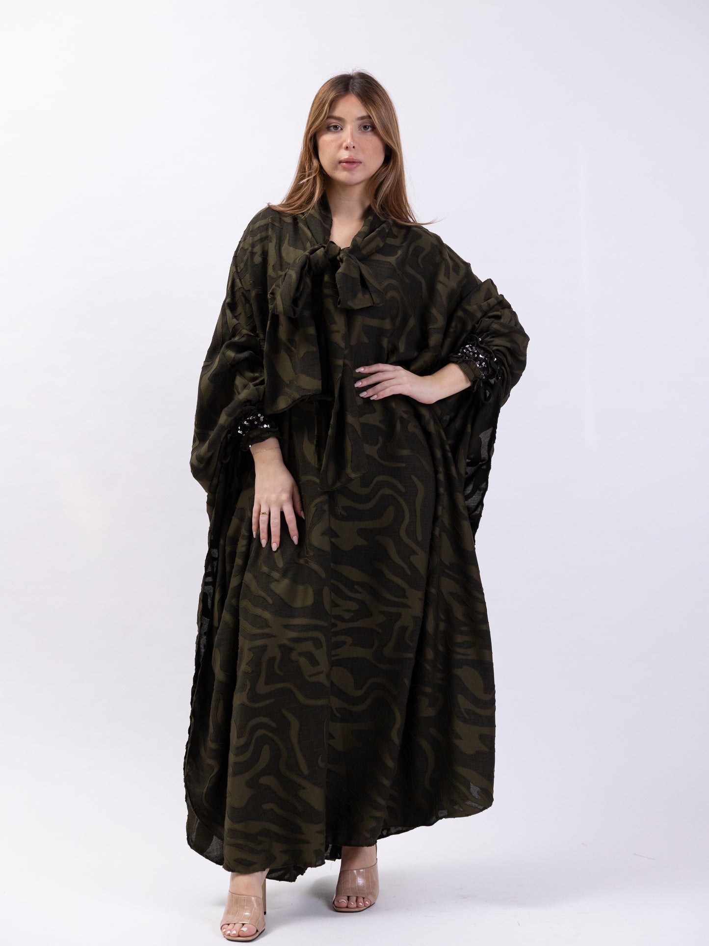 Free Size midi khaki dress with prints