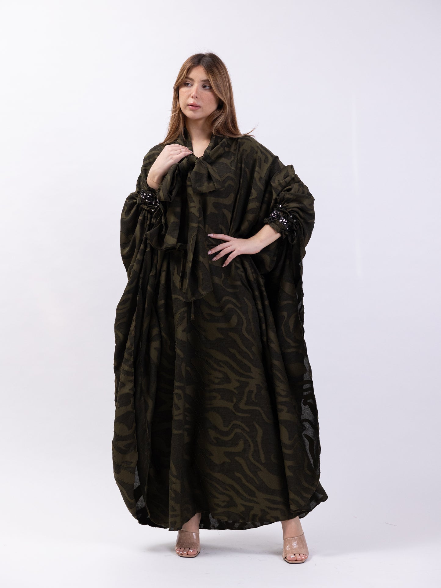 Free Size midi khaki dress with prints