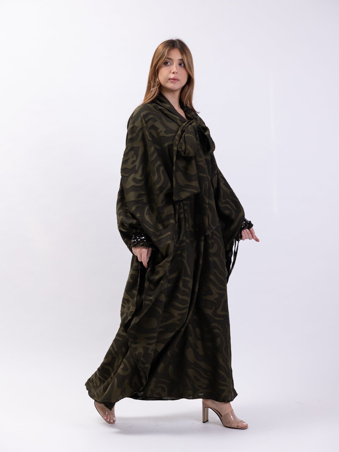 Free Size midi khaki dress with prints