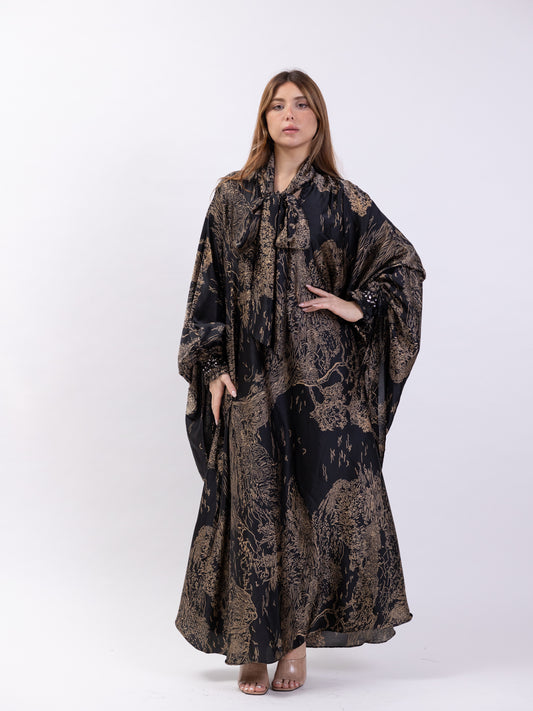 Free size midi silk dress with black and gold print