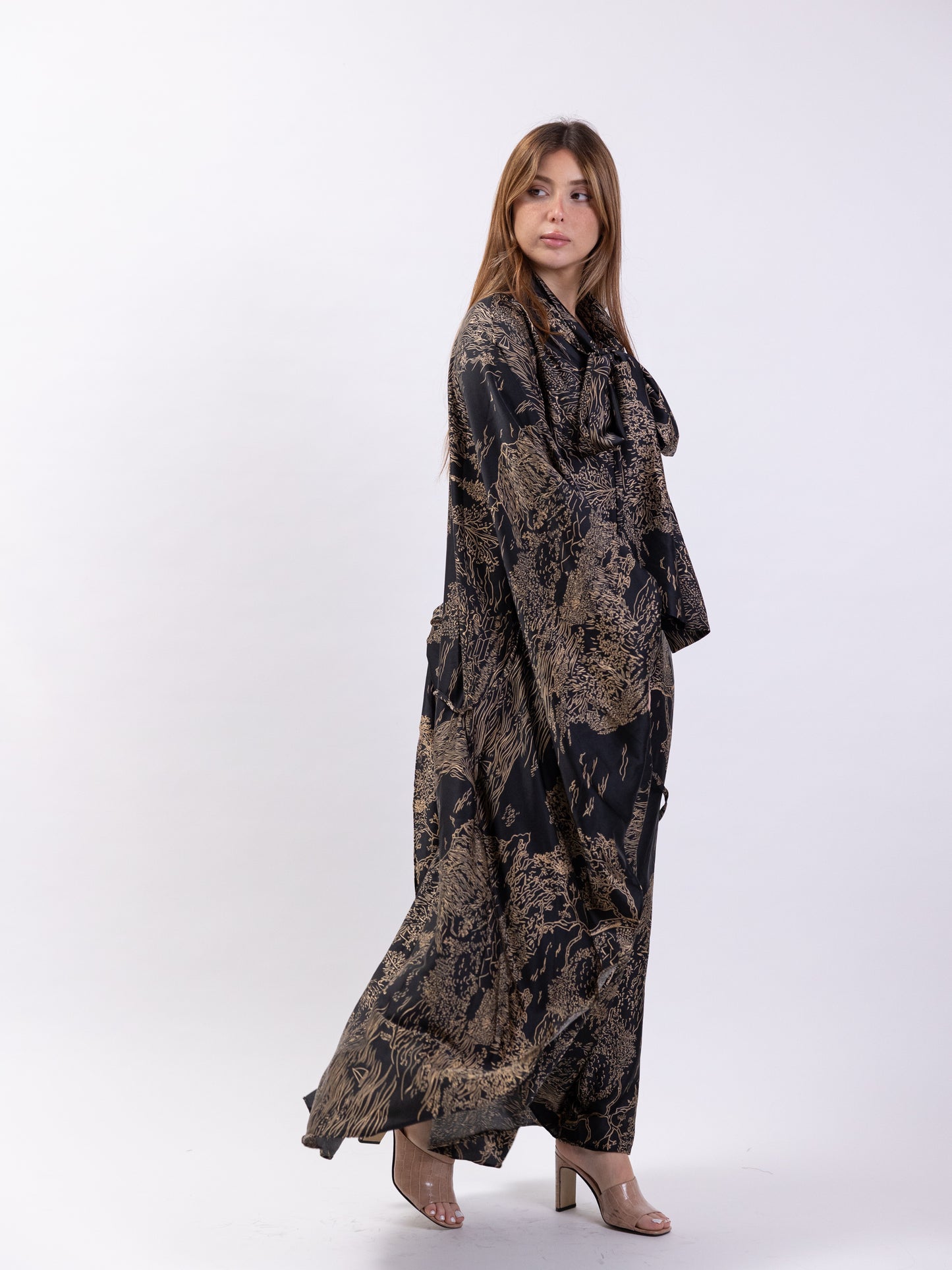 Free size midi silk dress with black and gold print