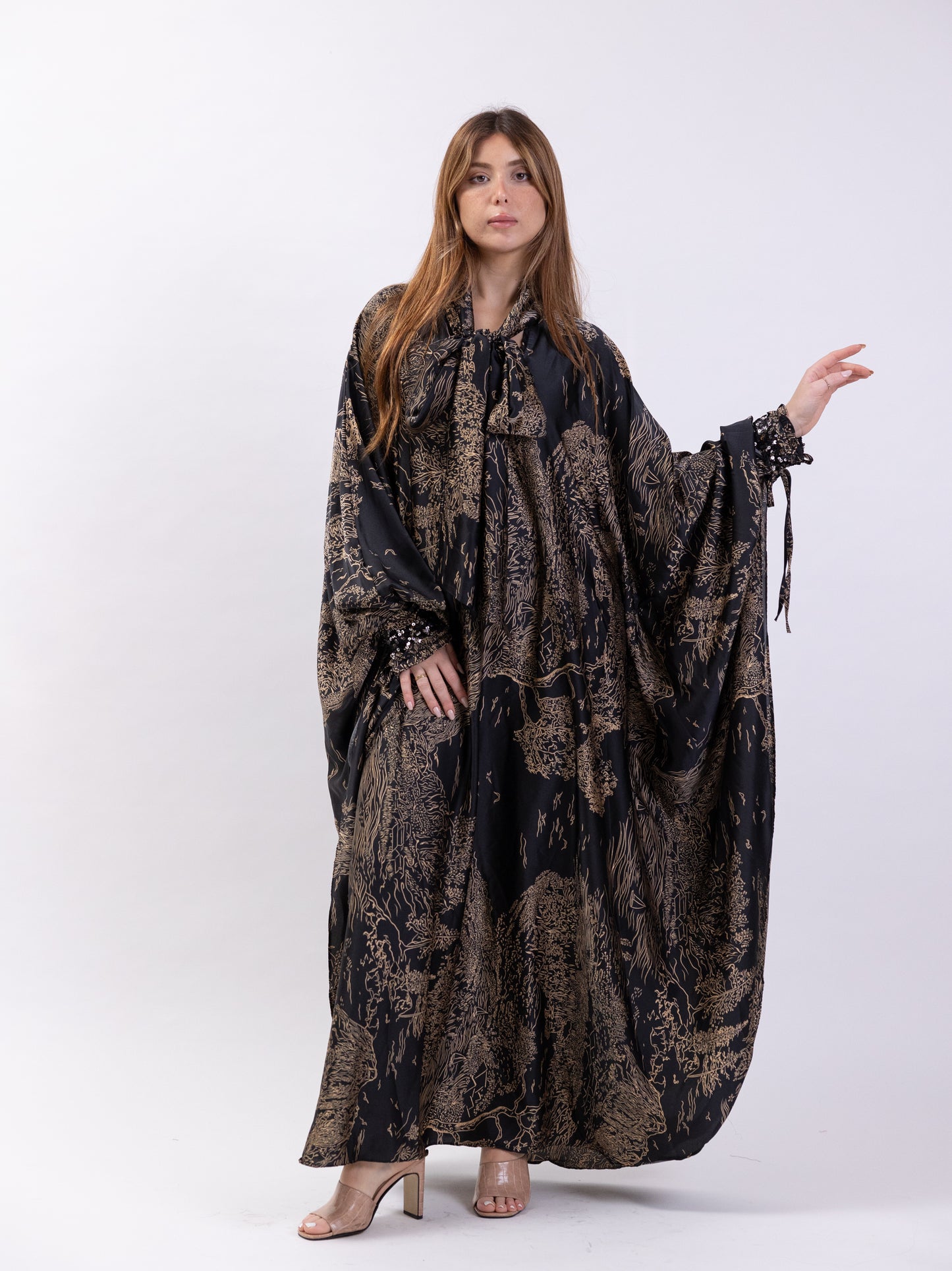 Free size midi silk dress with black and gold print