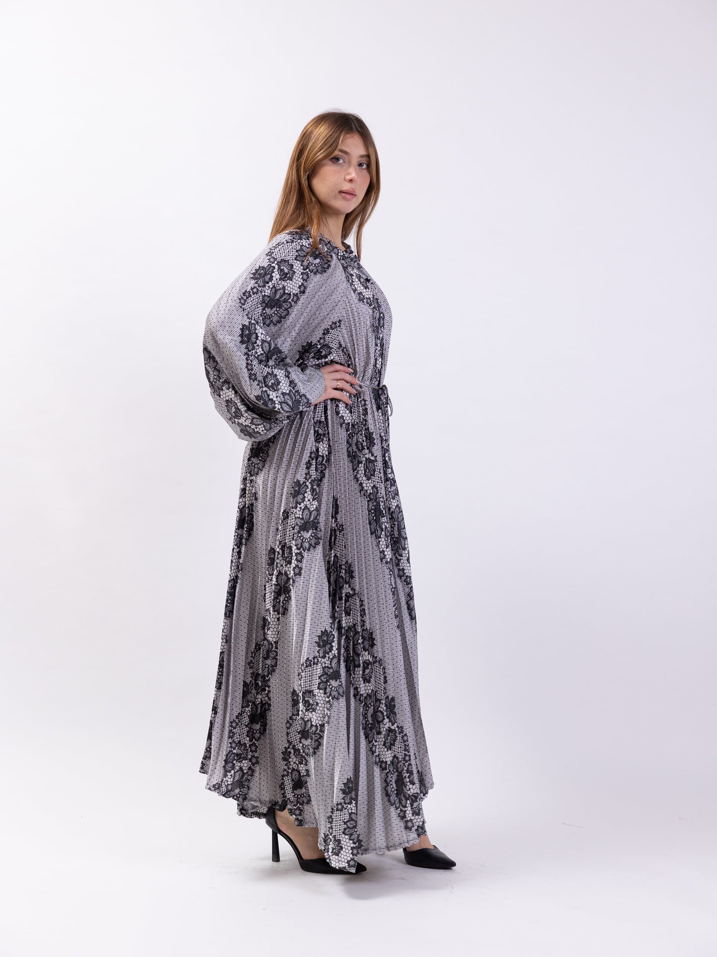 Free size midi silk dress with black and grey print