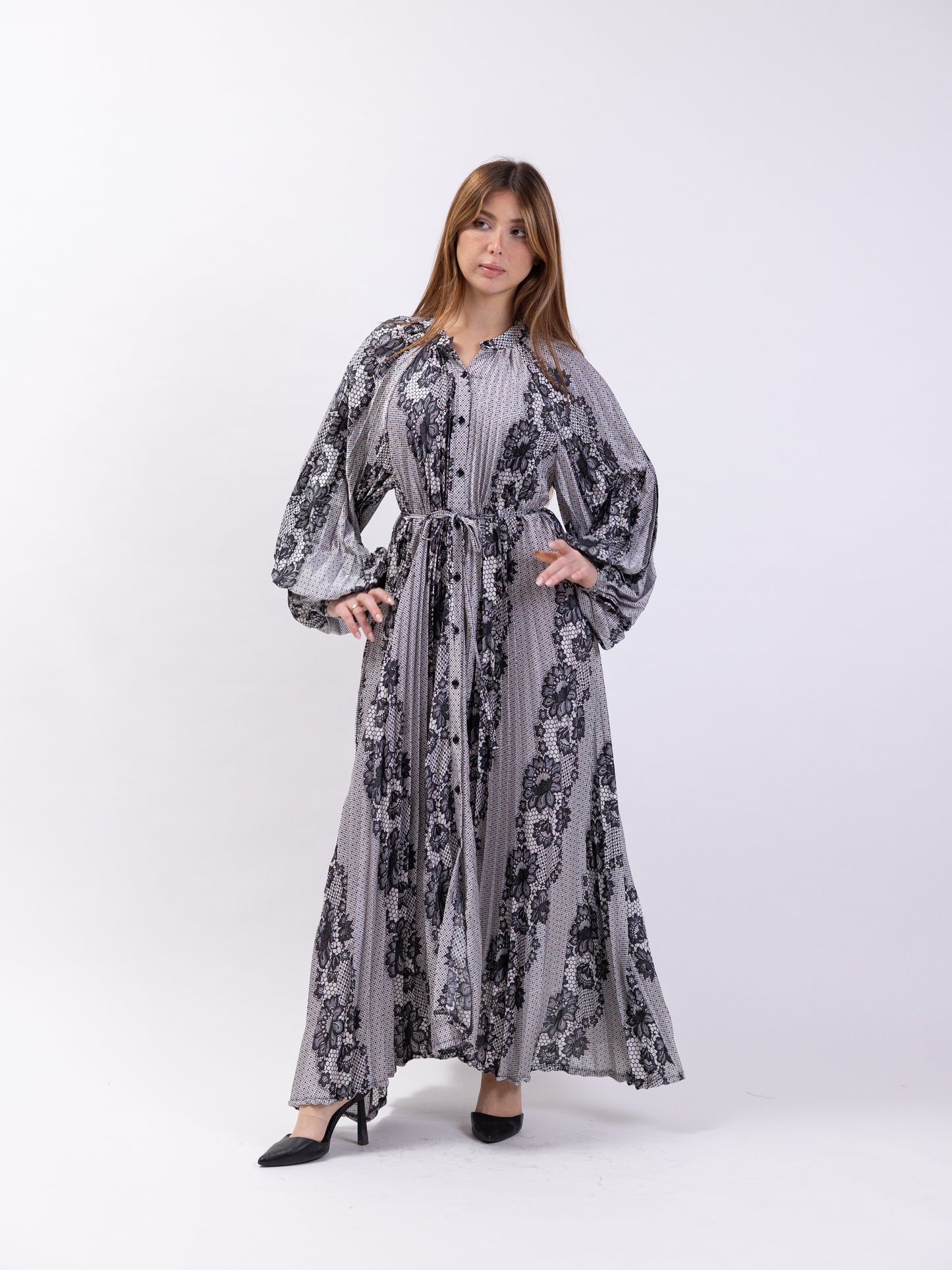 Free size midi silk dress with black and grey print