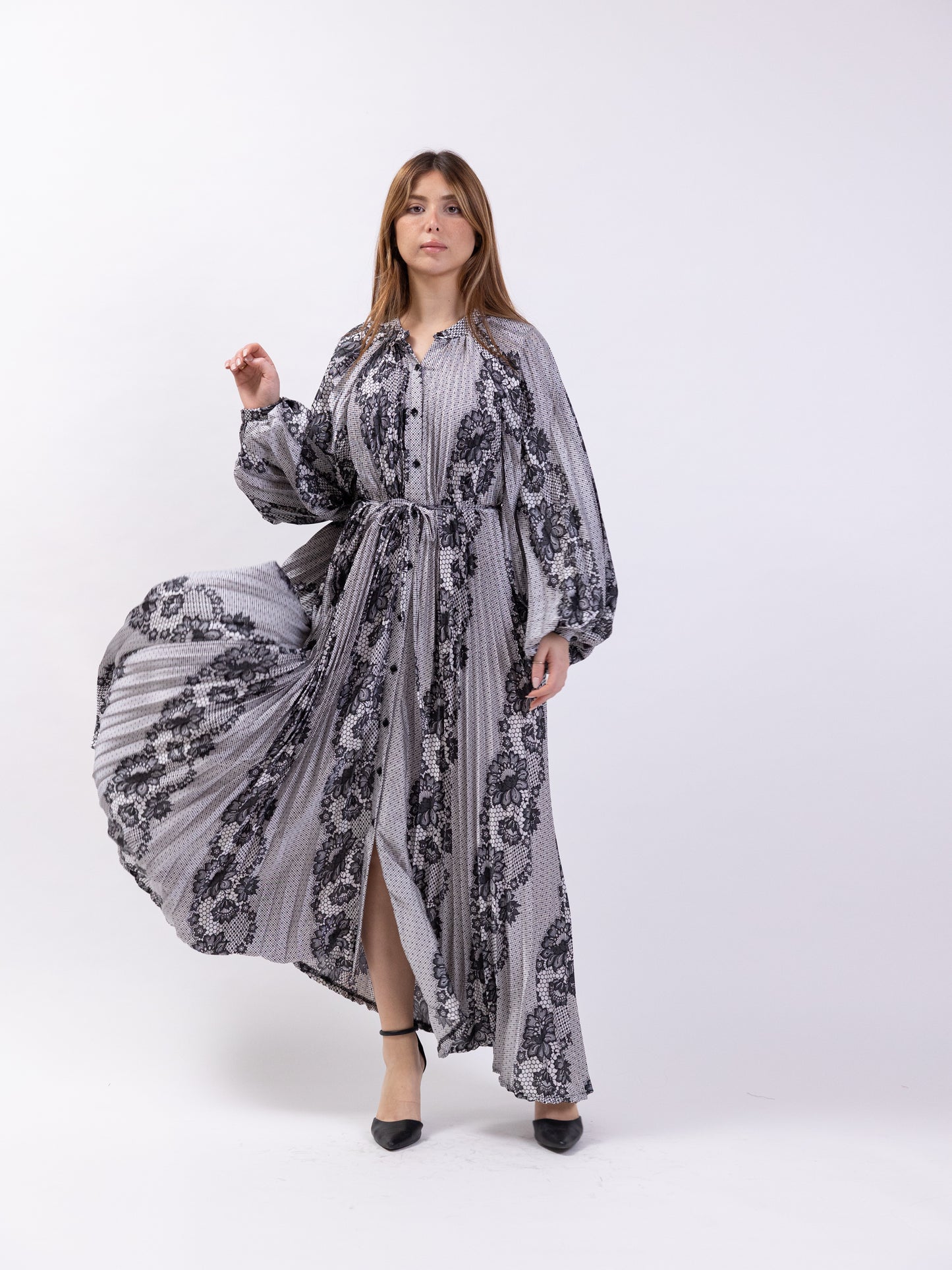 Free size midi silk dress with black and grey print