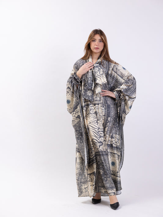 Free size midi silk dress with gold and grey print