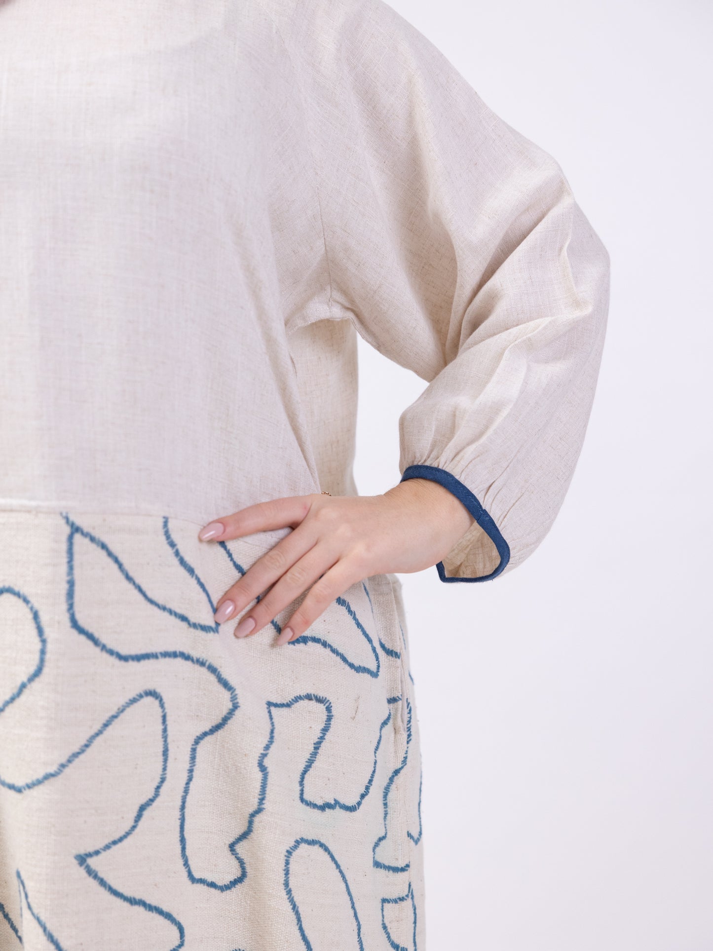 Free size long sleeve dress with blue print