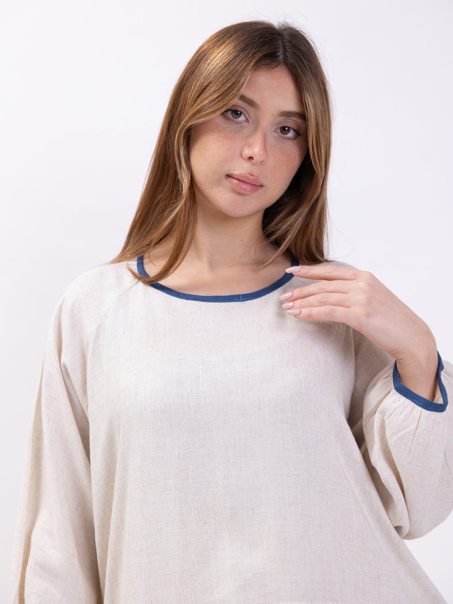 Free size long sleeve dress with blue print