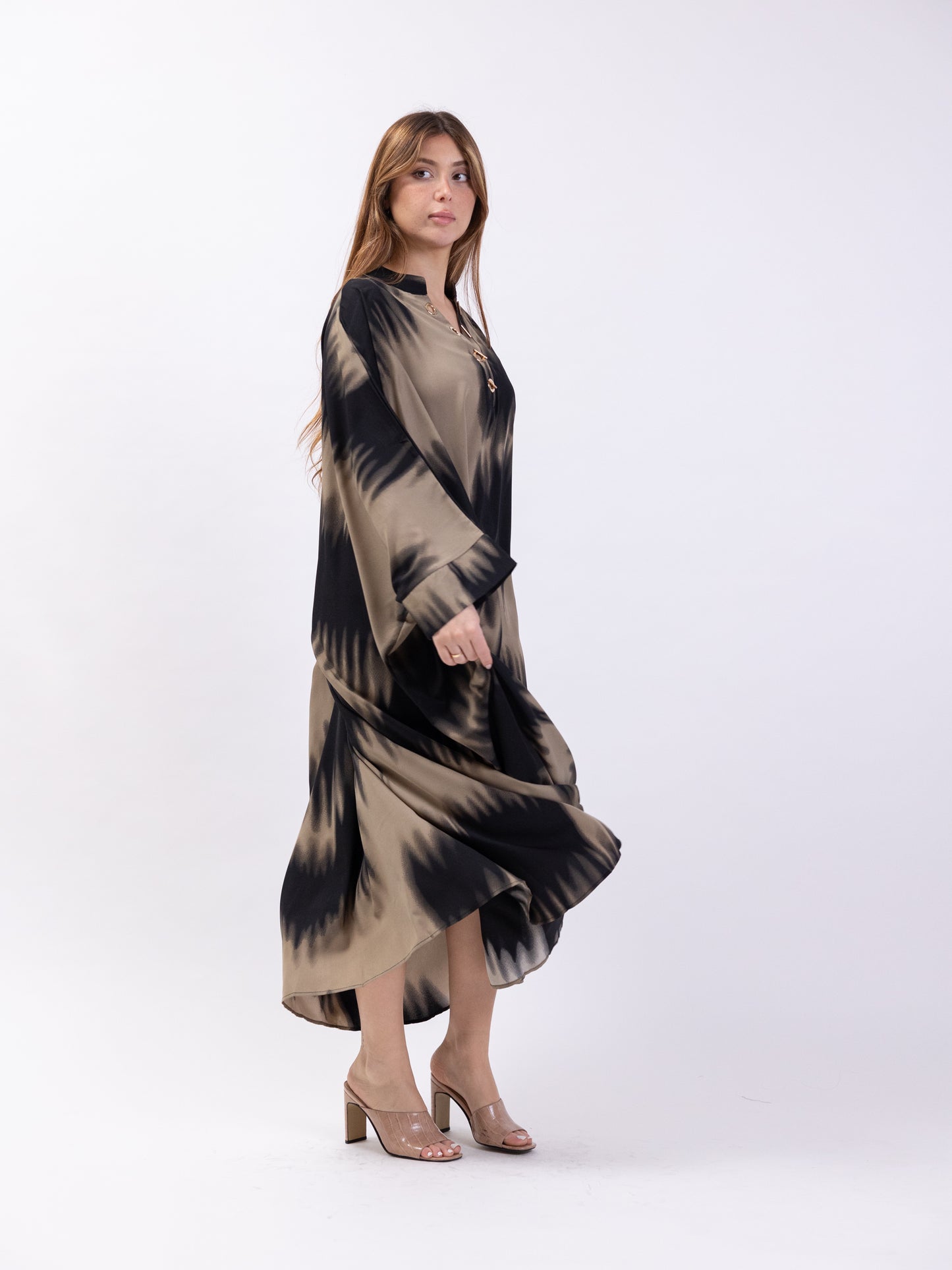 Midi black dress with beige print