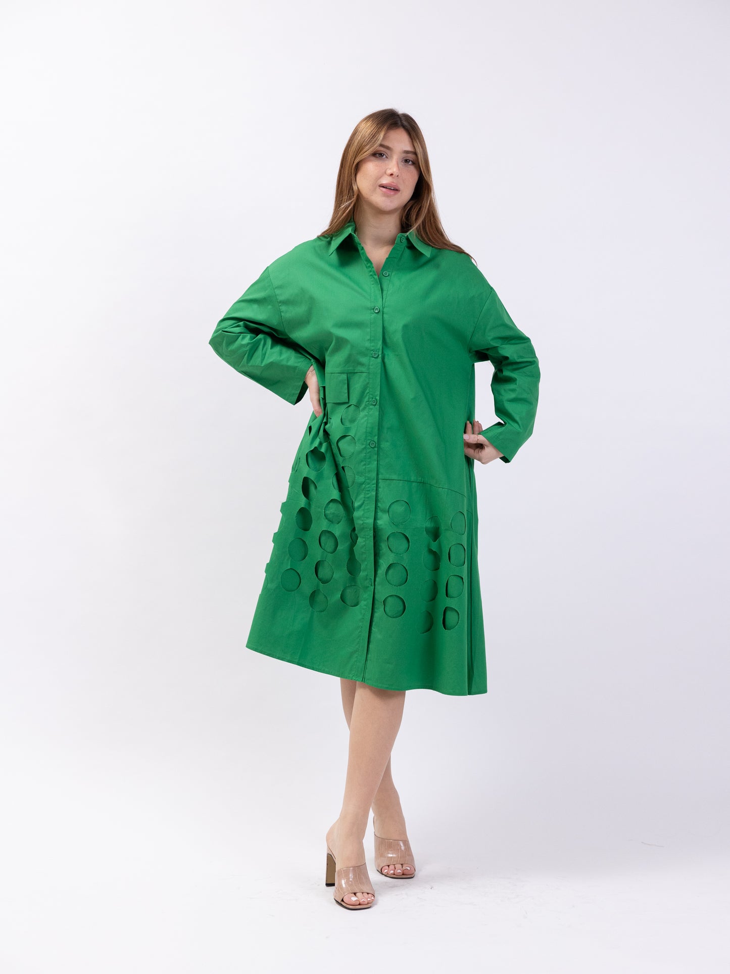 Midi shirt dress with circle cutouts - Green