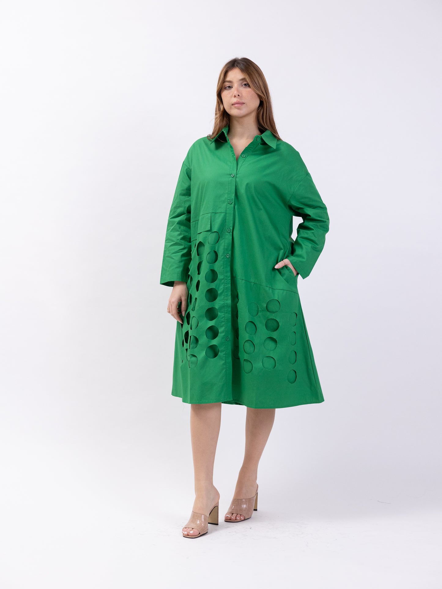 Midi shirt dress with circle cutouts - Green