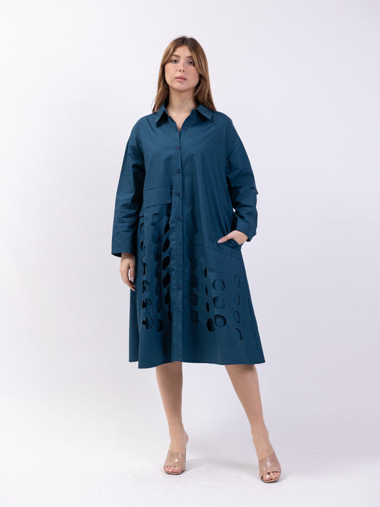 Midi shirt dress with circle cutouts - Blue