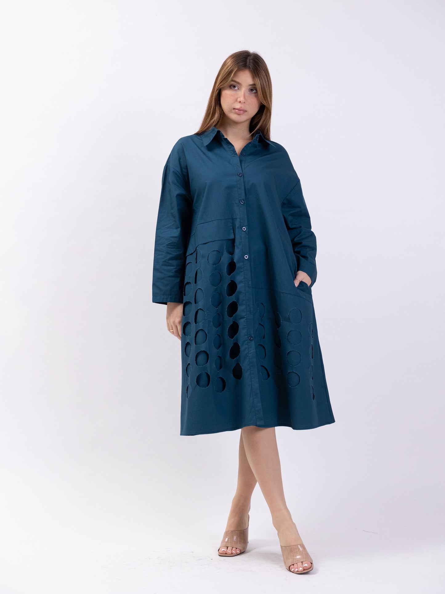 Midi shirt dress with circle cutouts - Blue