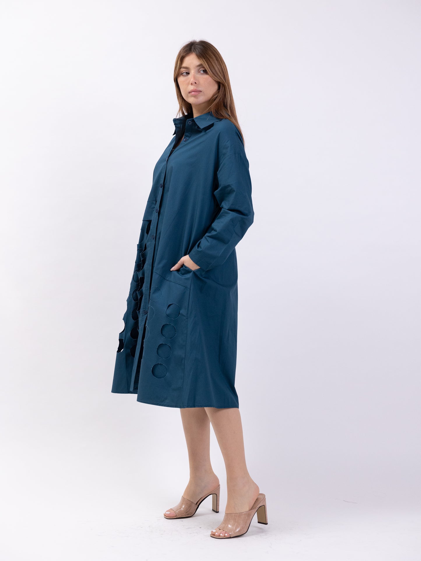 Midi shirt dress with circle cutouts - Blue