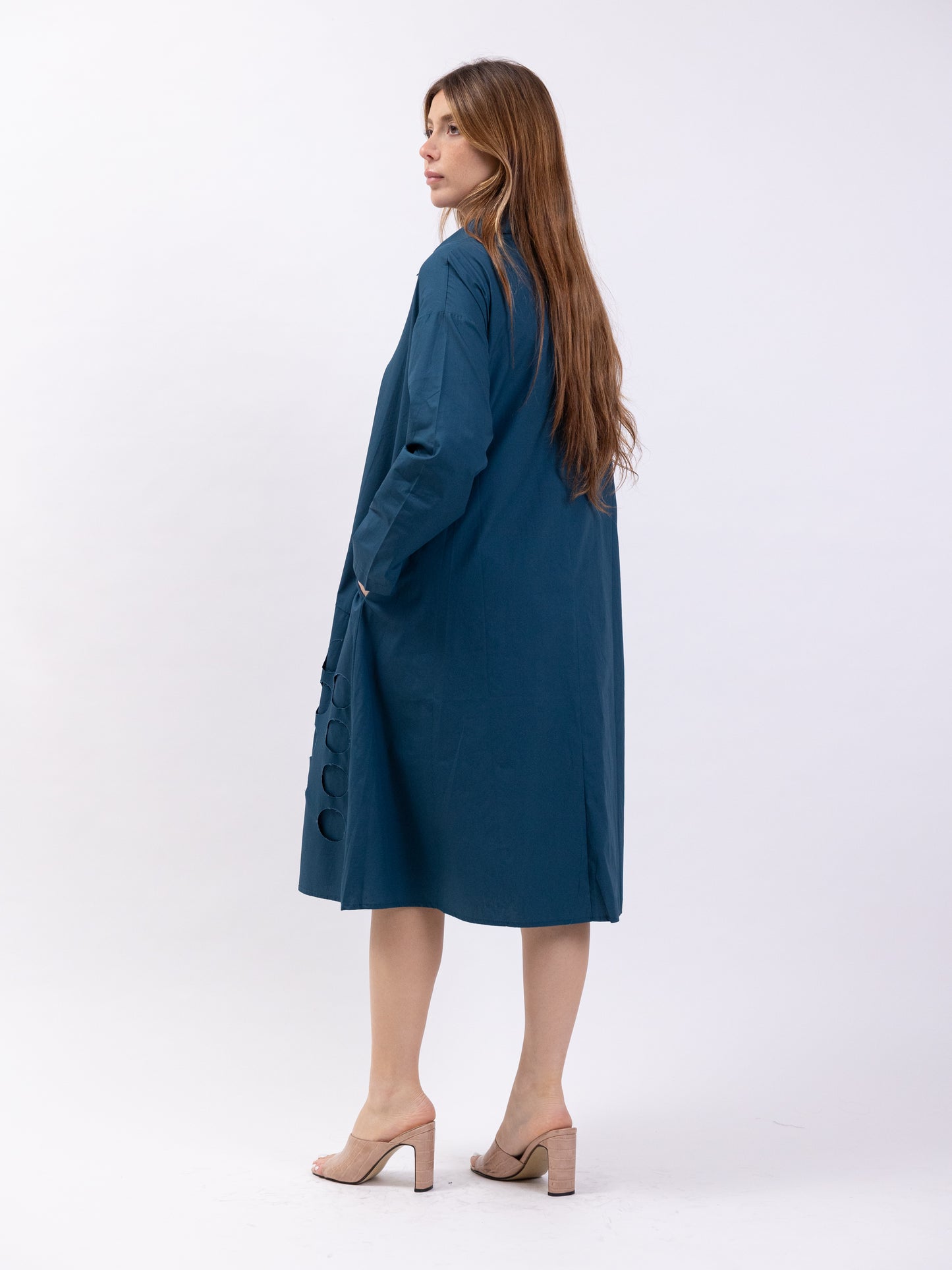 Midi shirt dress with circle cutouts - Blue