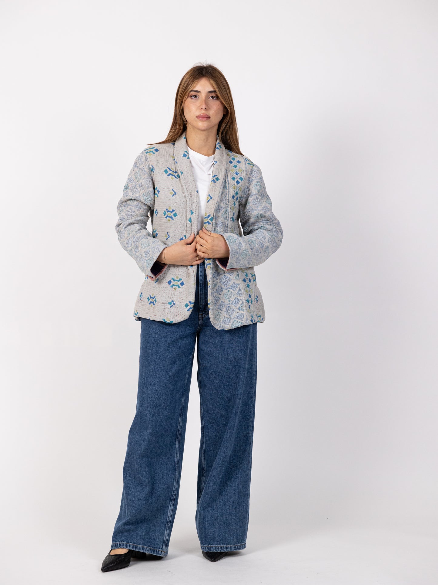 Handmade Grey Blazer with blue print