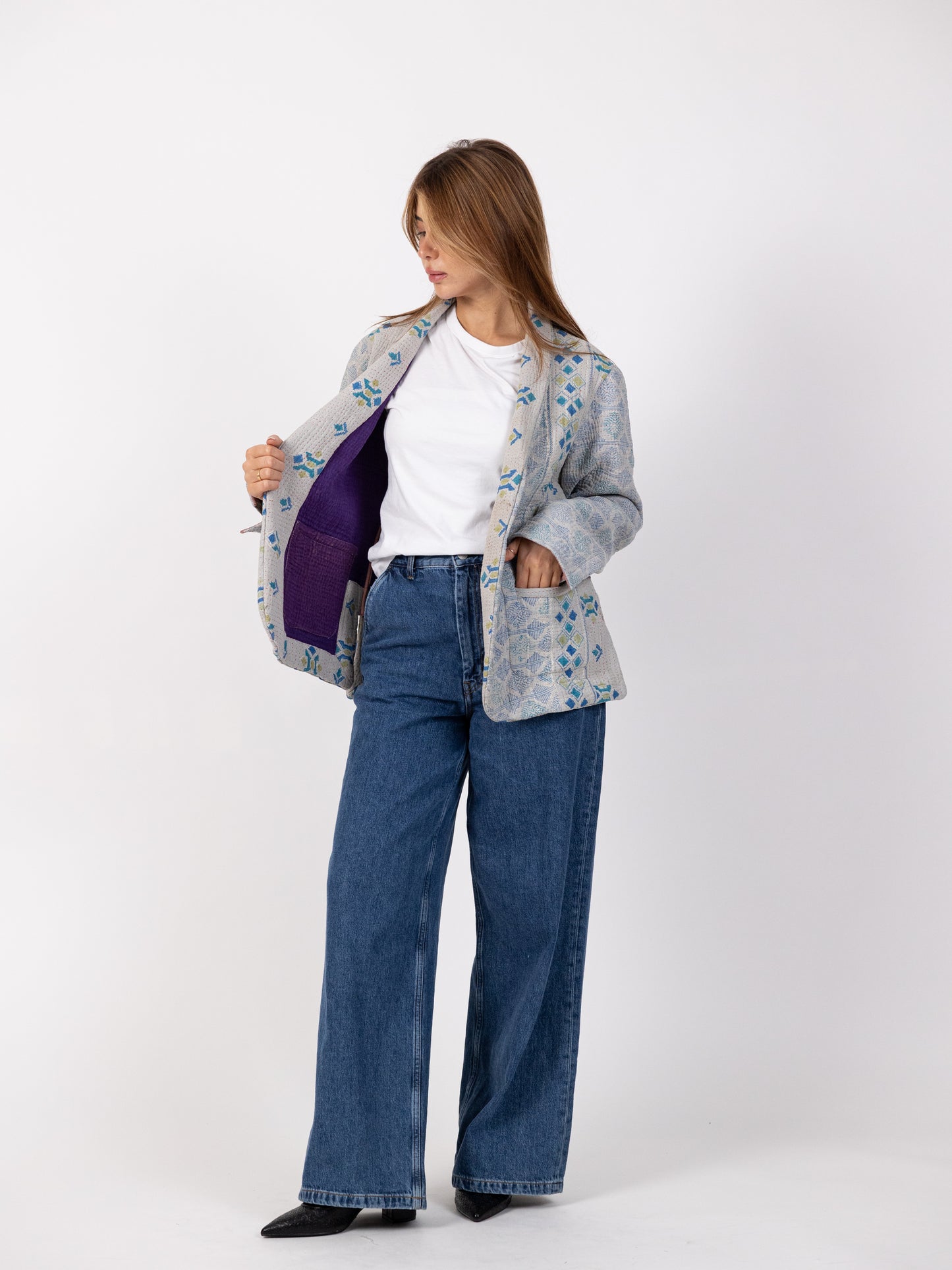 Handmade Grey Blazer with blue print