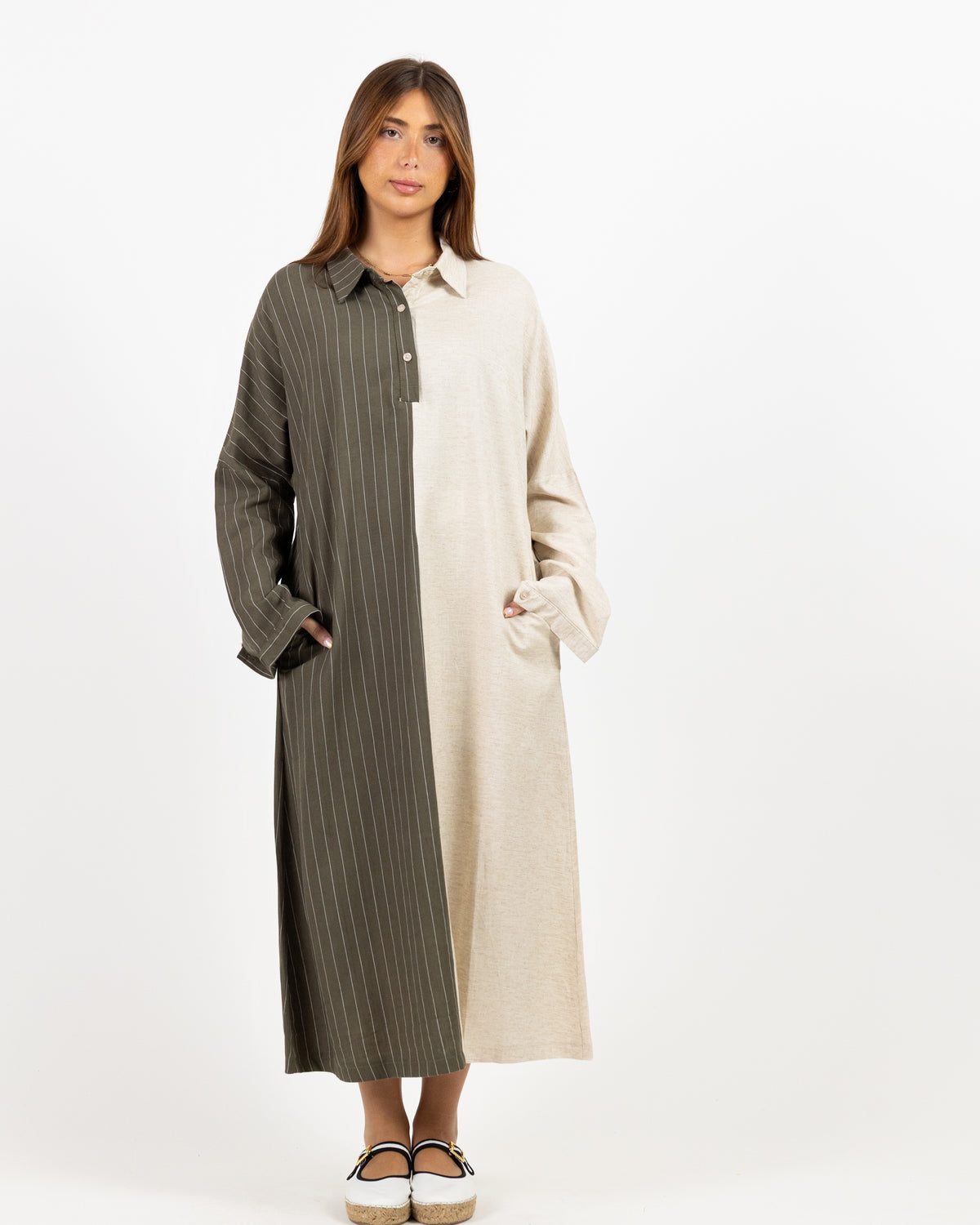 Long Sleeve 2 tone midi dress - black and cream