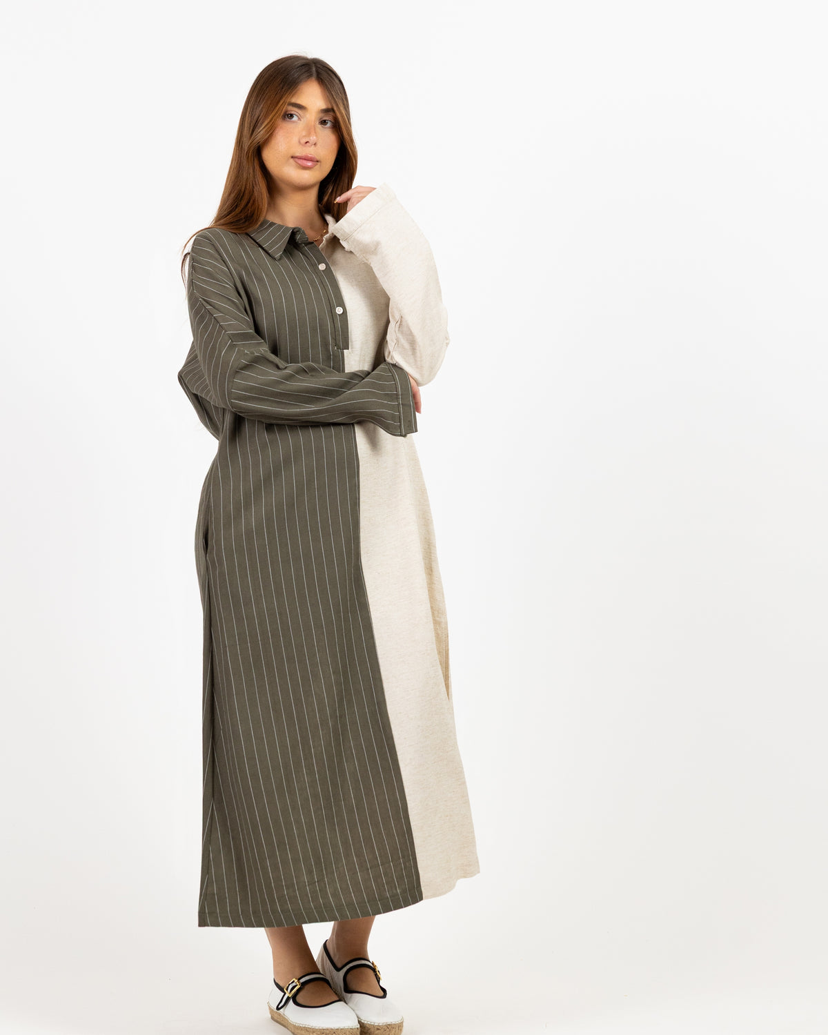 Long Sleeve 2 tone midi dress - black and cream