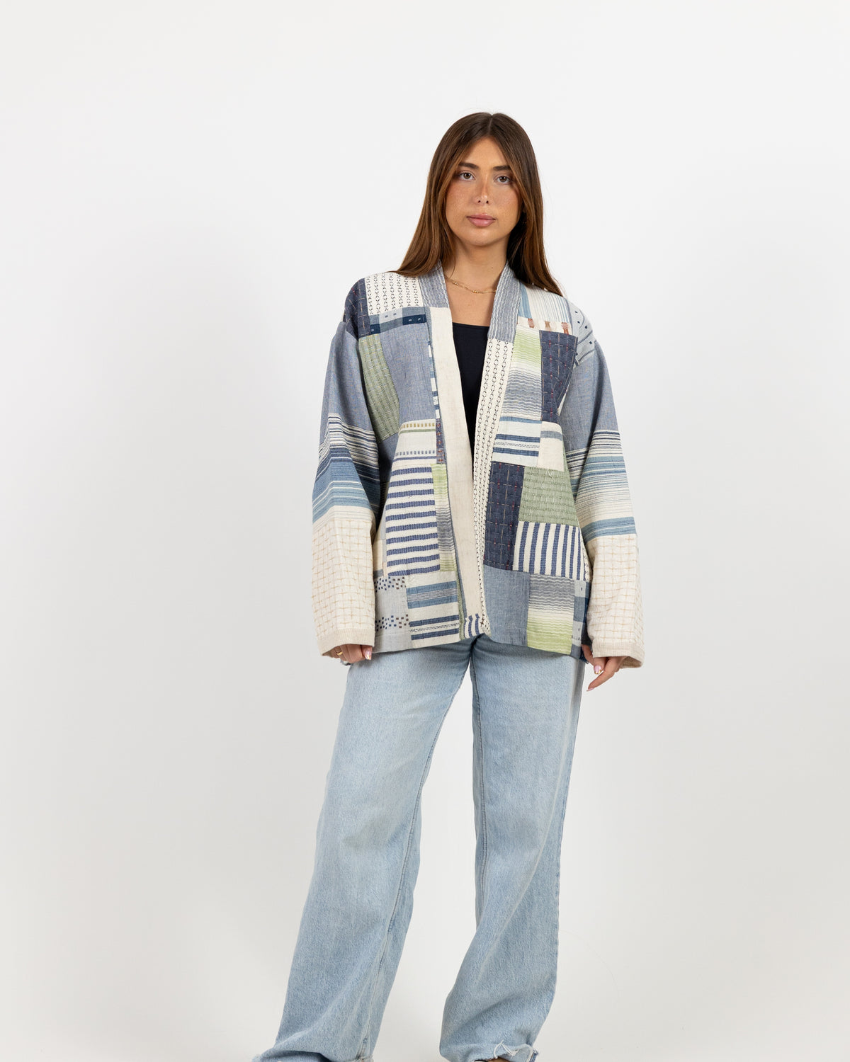 Long Sleeve white jacket with blue patch work