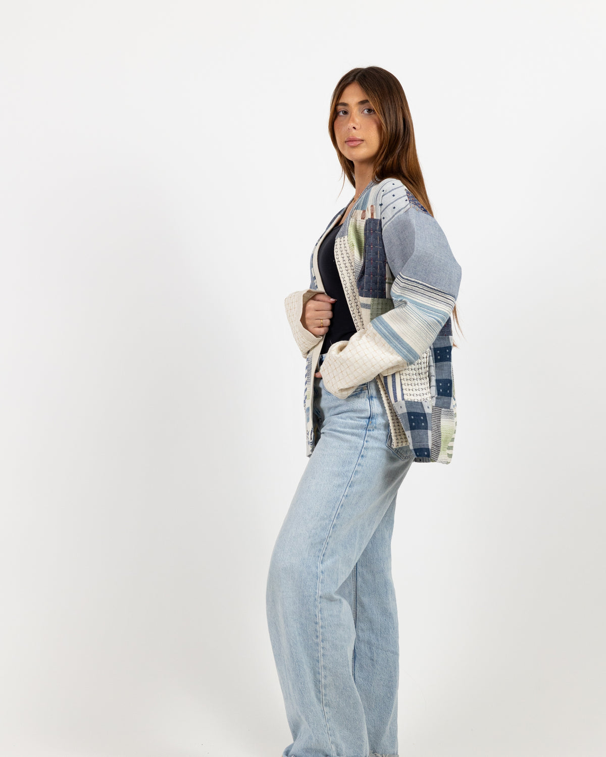 Long Sleeve white jacket with blue patch work