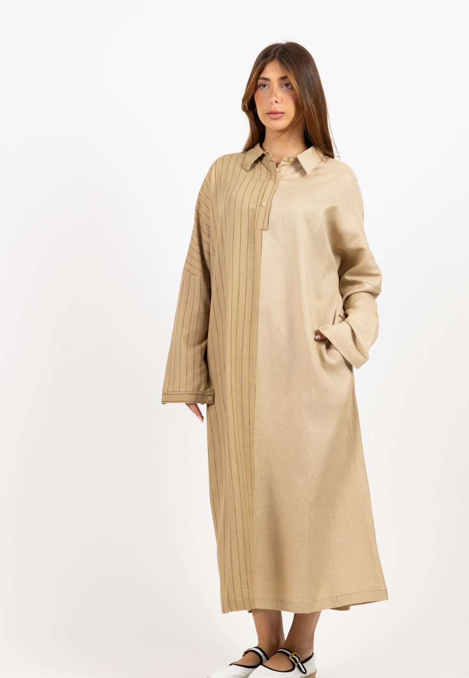 2 tone beige and light brown midi dress