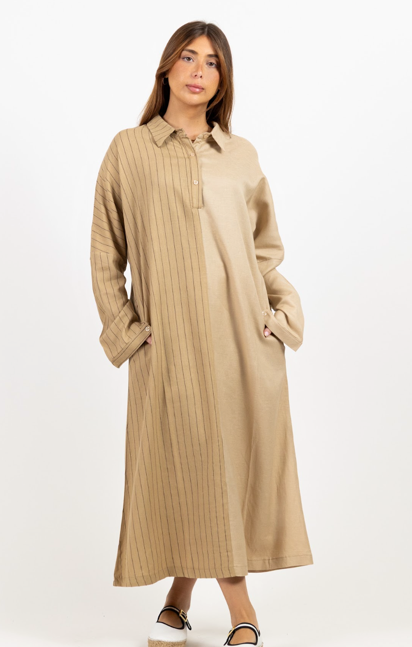 2 tone beige and light brown midi dress