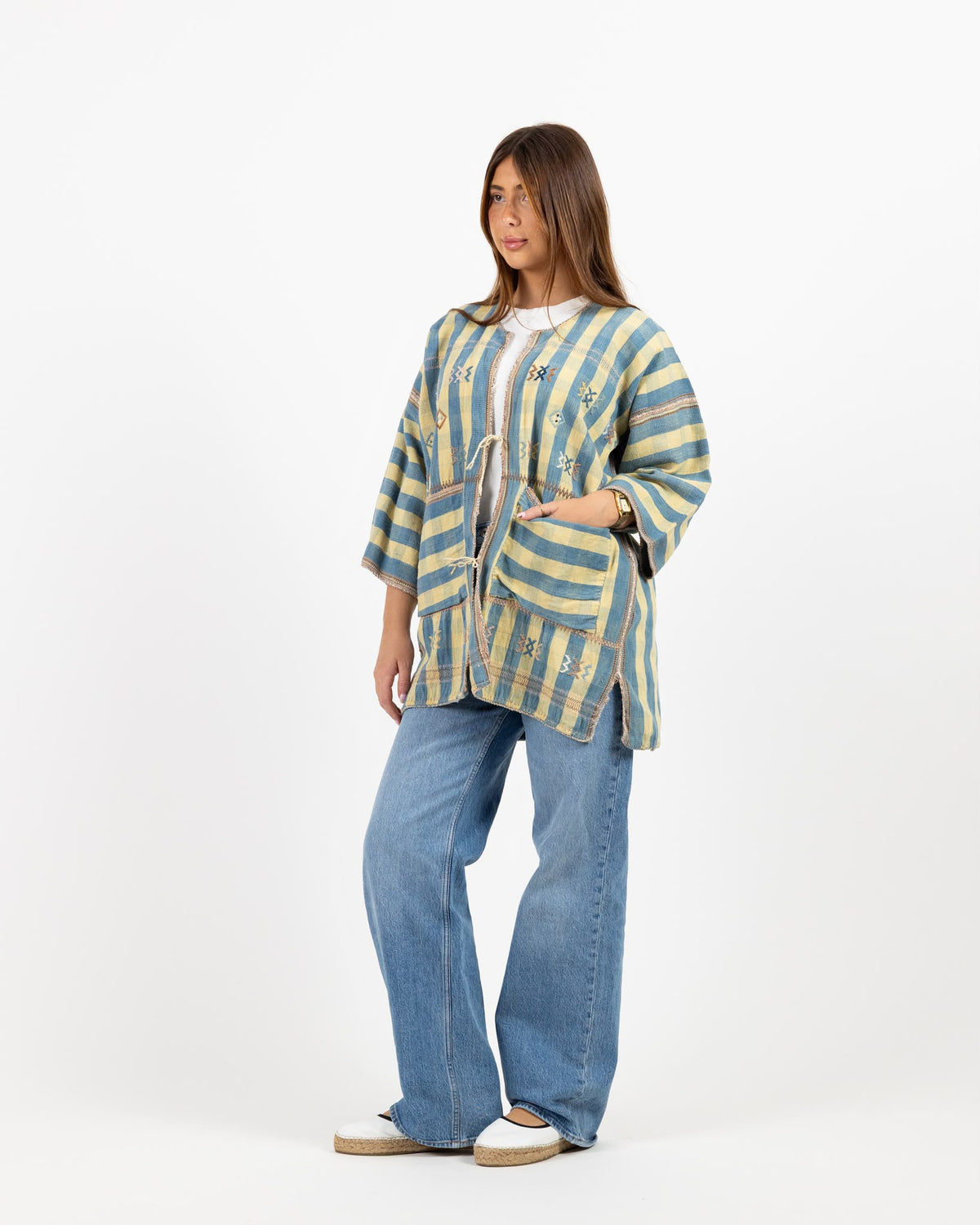 Long sleeve woven jacket with blue and cream stripe print