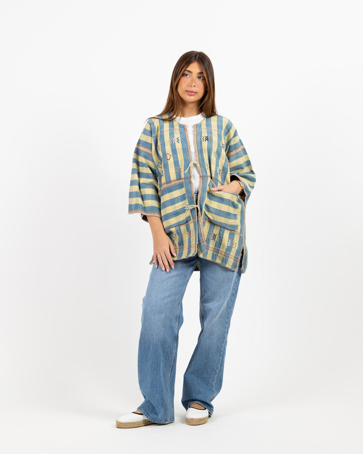 Long sleeve woven jacket with blue and cream stripe print