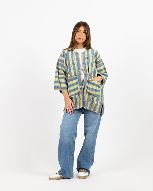 Long sleeve woven jacket with blue and cream stripe print
