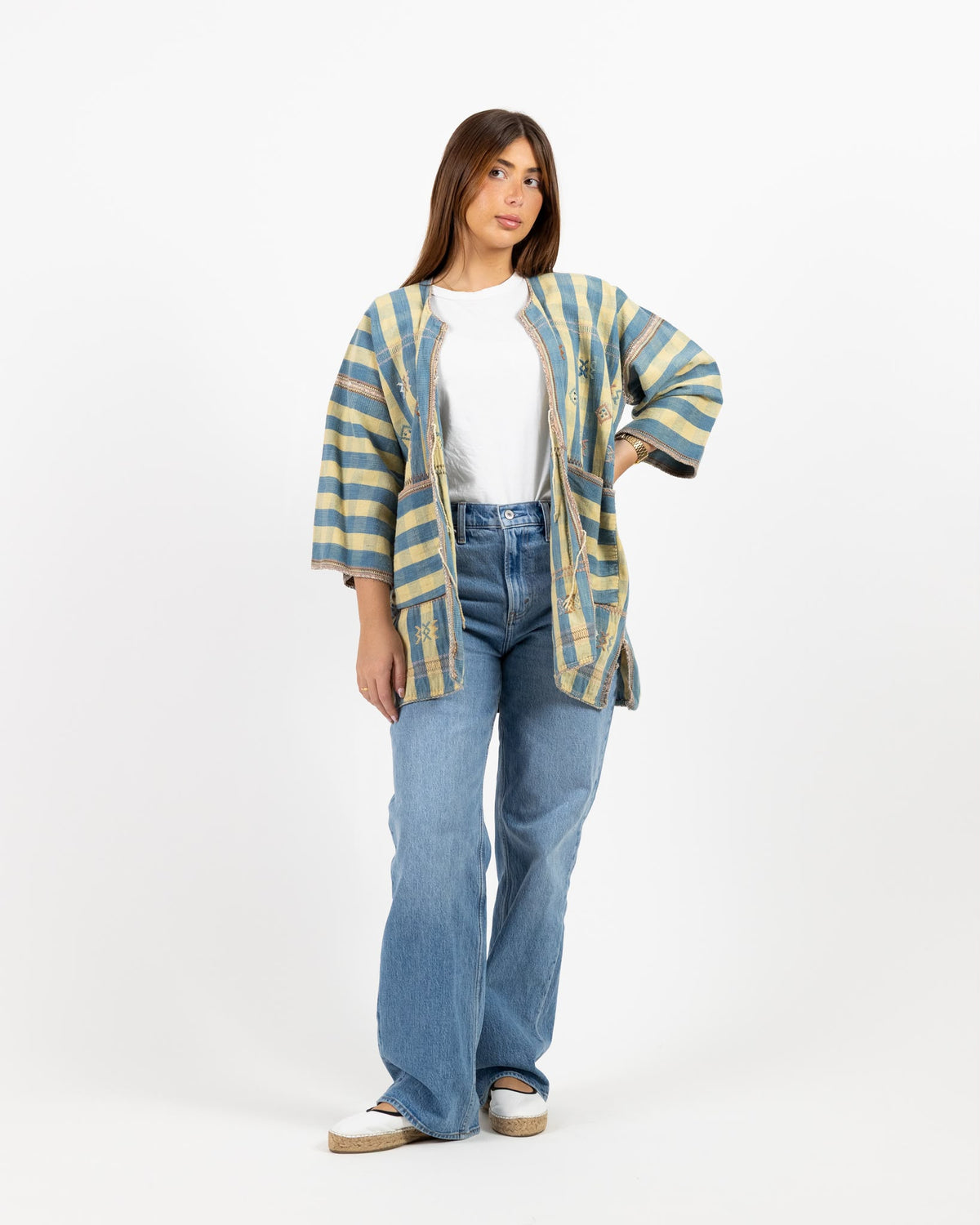 Long sleeve woven jacket with blue and cream stripe print