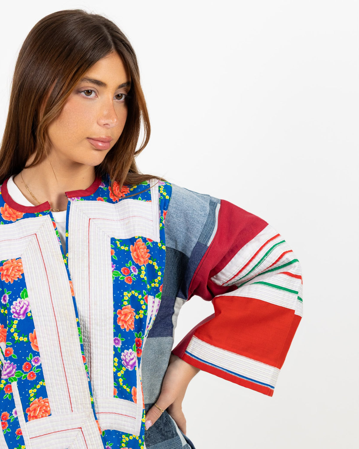 Long sleeve jacket with different prints and red sleeves
