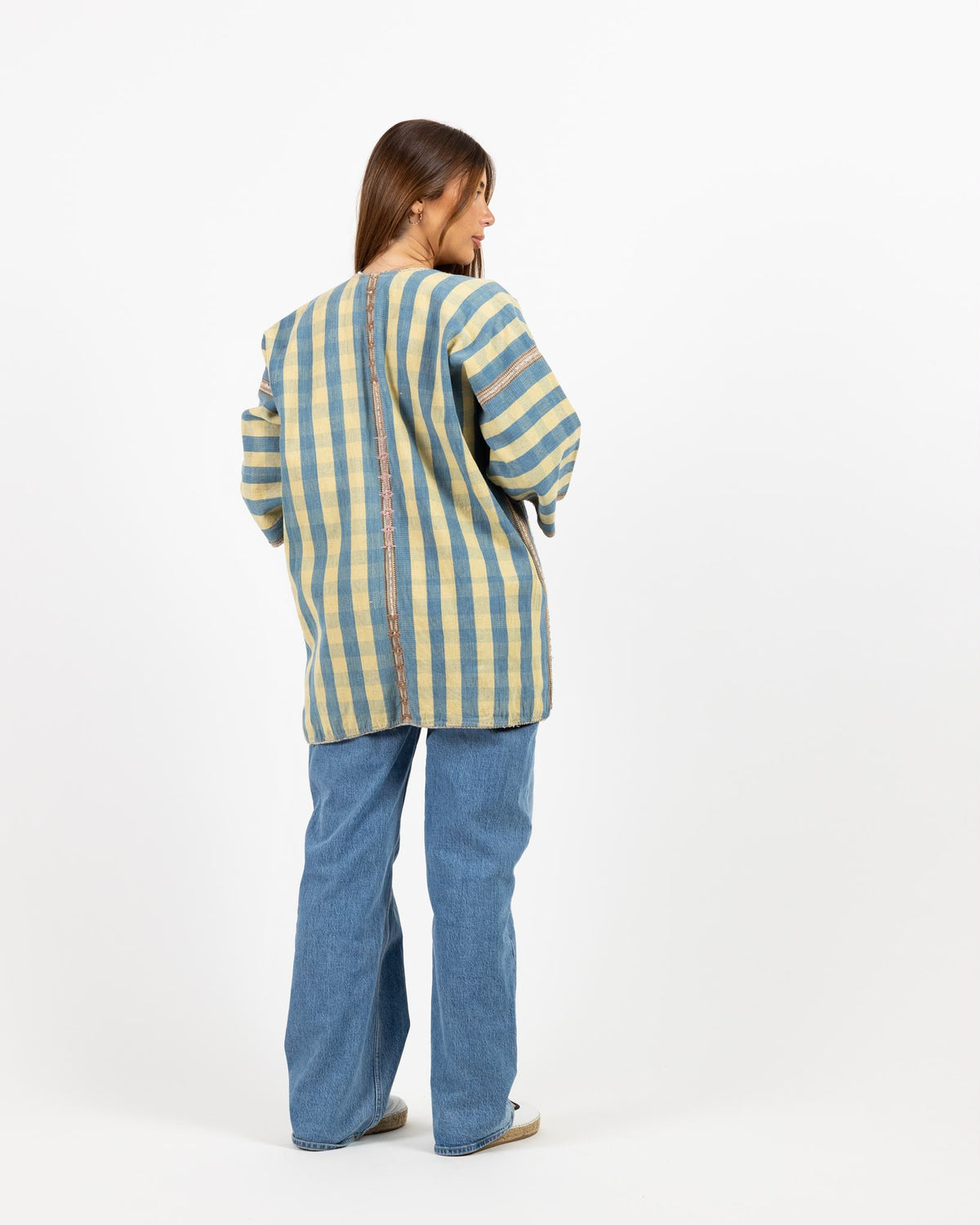 Long sleeve woven jacket with blue and cream stripe print