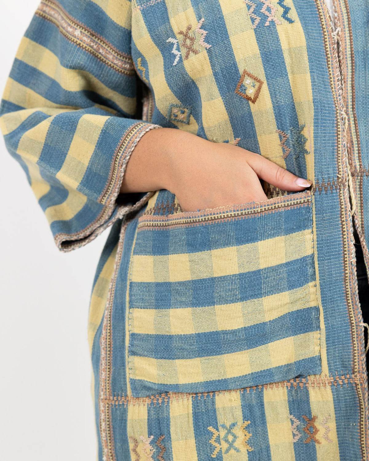 Long sleeve woven jacket with blue and cream stripe print