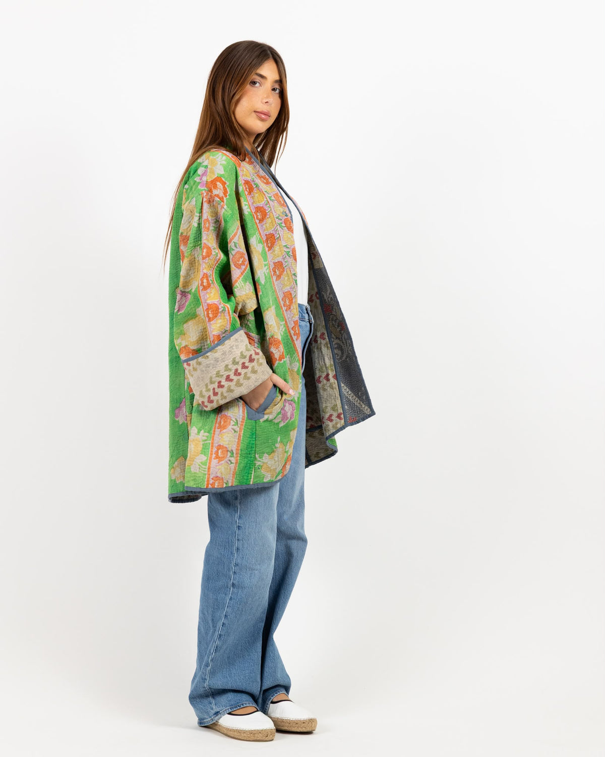 Double face multi print jacket with shades of green and orange