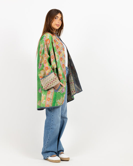 Double face multi print jacket with shades of green and orange