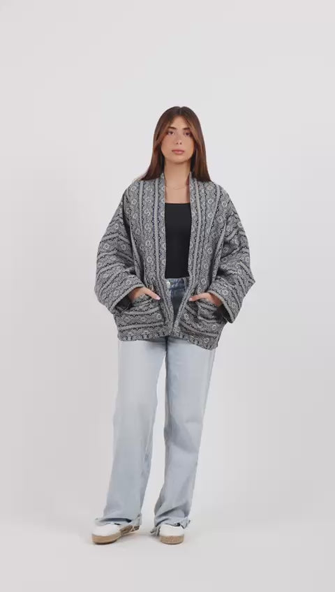 Dark navy over size jacket with sadu like print